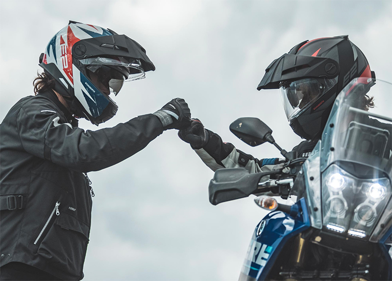 Guys wearing Schuberth E2 flip lid helmets